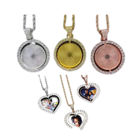 Necklace , Sublimation Rotating Double Sided Diamond Pendant with Thick Chain Necklace