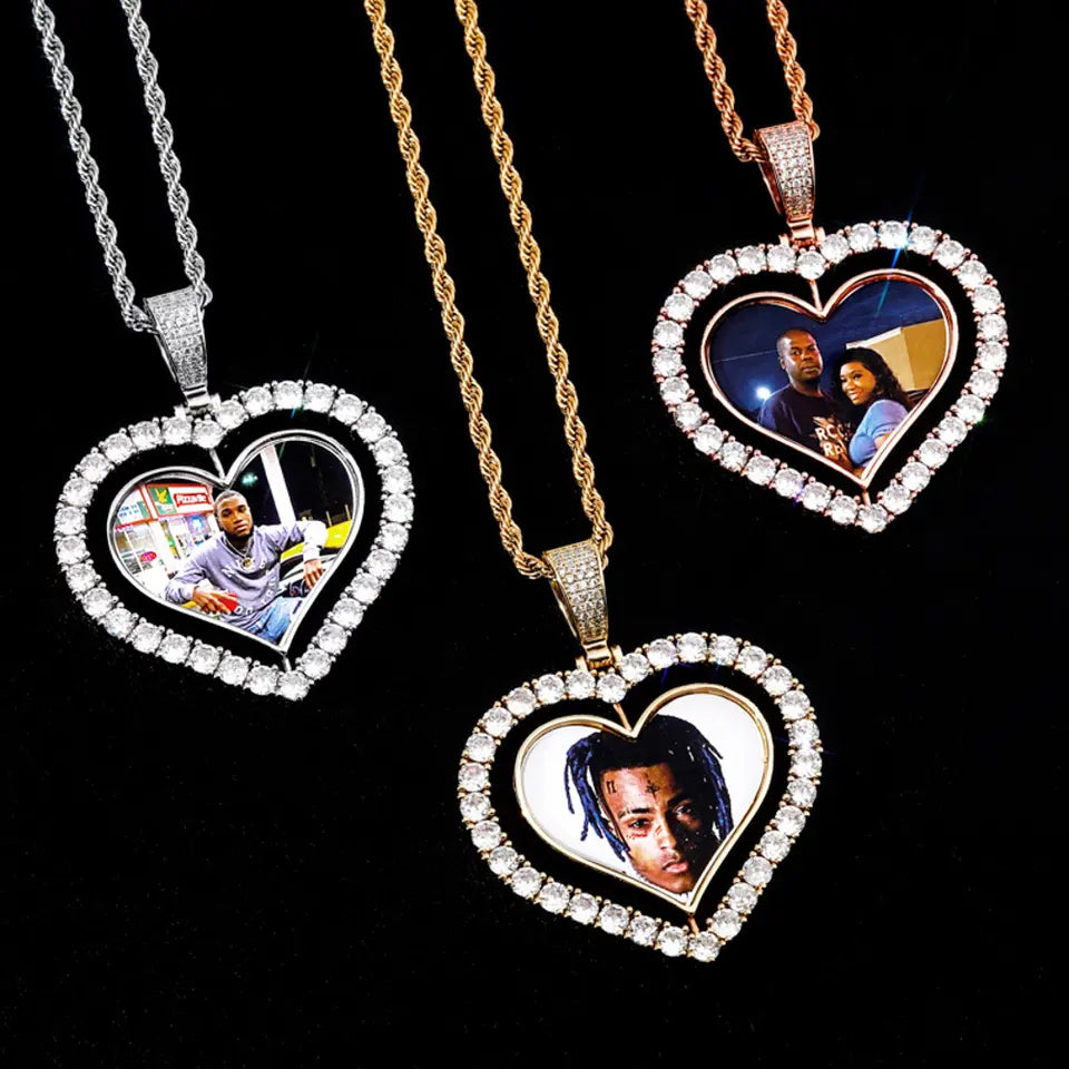 Necklace , Sublimation Rotating Double Sided Diamond Pendant with Thick Chain Necklace