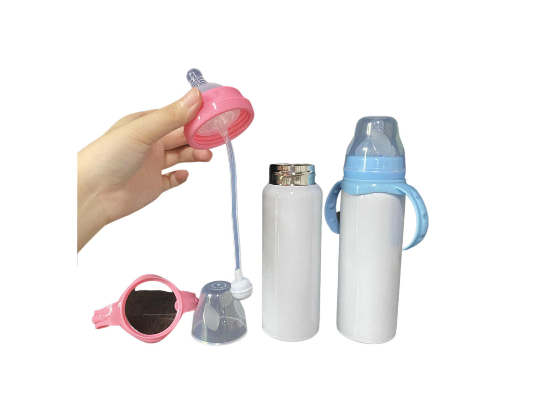 8oz Sublimation Baby Bottle/Stainless Steel Tumbler (Pink or Light Blue  Handle)