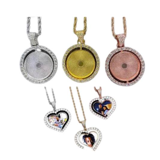 Necklace ,  Sublimation Rotating Double Sided Diamond Pendant with Thick Chain Necklace