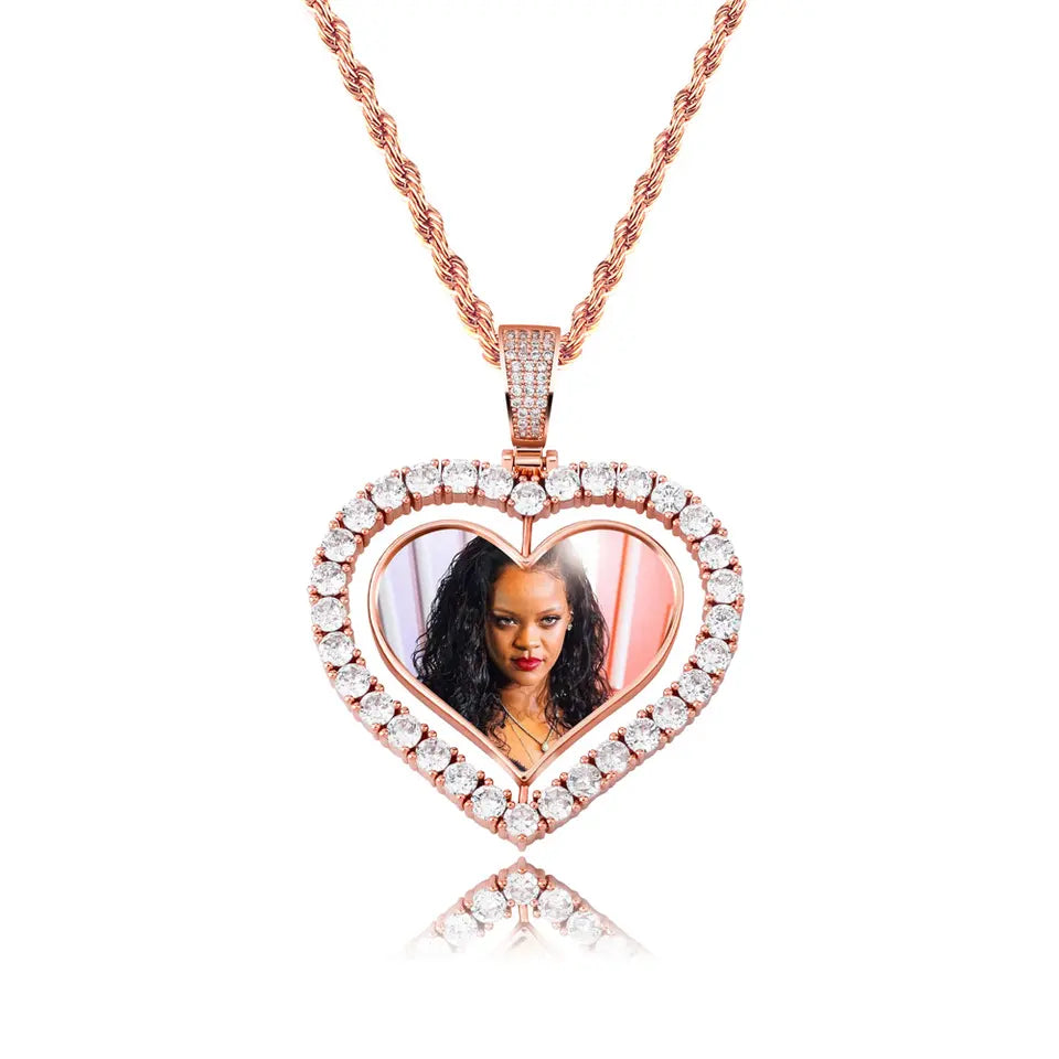 Necklace ,  Sublimation Rotating Double Sided Diamond Pendant with Thick Chain Necklace