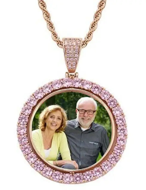 Necklace ,  Sublimation Rotating Double Sided Diamond Pendant with Thick Chain Necklace